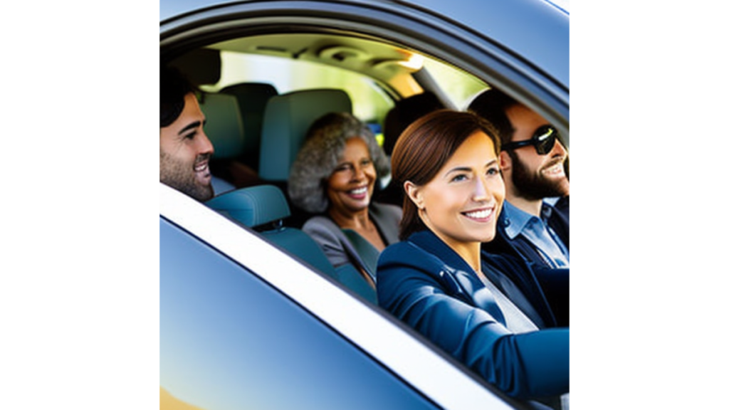 A group of commuters sharing a ride in an electric car