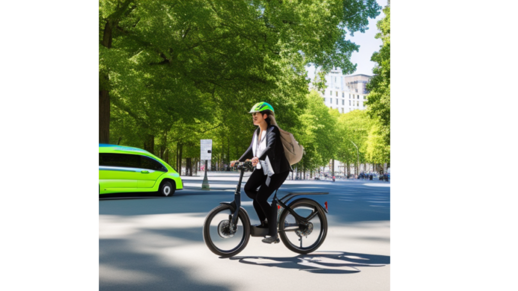 A woman riding an electric bike through a green park - Sustainable Transportation