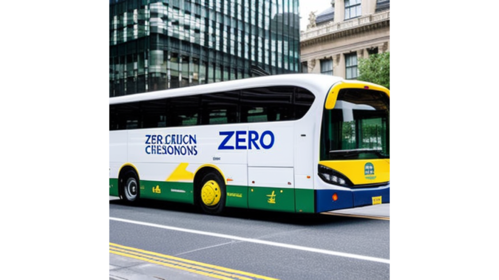 An electric bus on a city street with a zero emissions sign