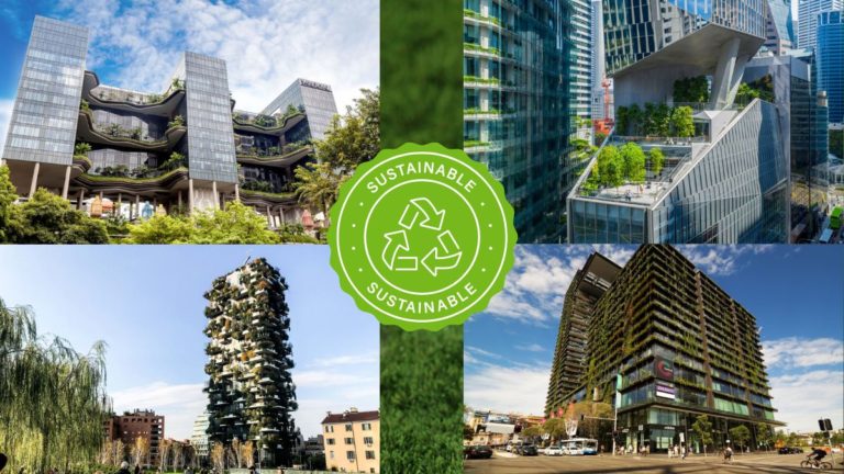 Sustainable skyscrapers with green facades and rooftop gardens, symbolizing sustainable construction practices